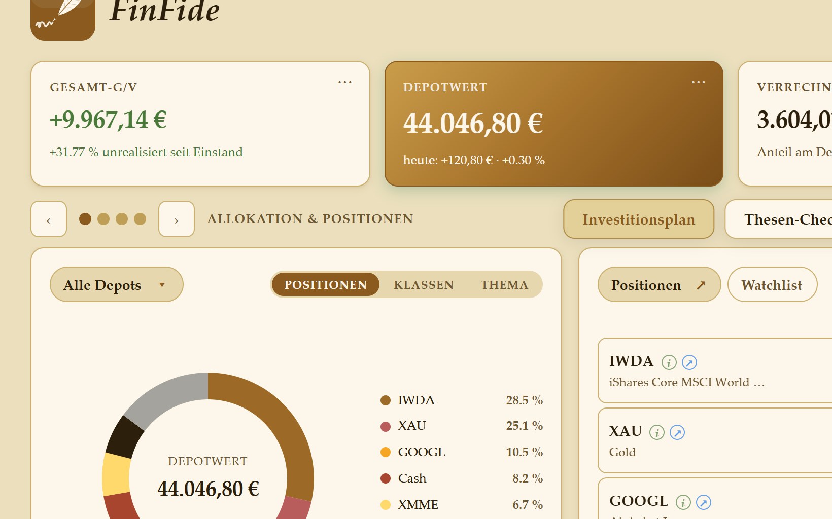 FinFide Depot: Gesamt-G/V, Depotwert, Allokation
