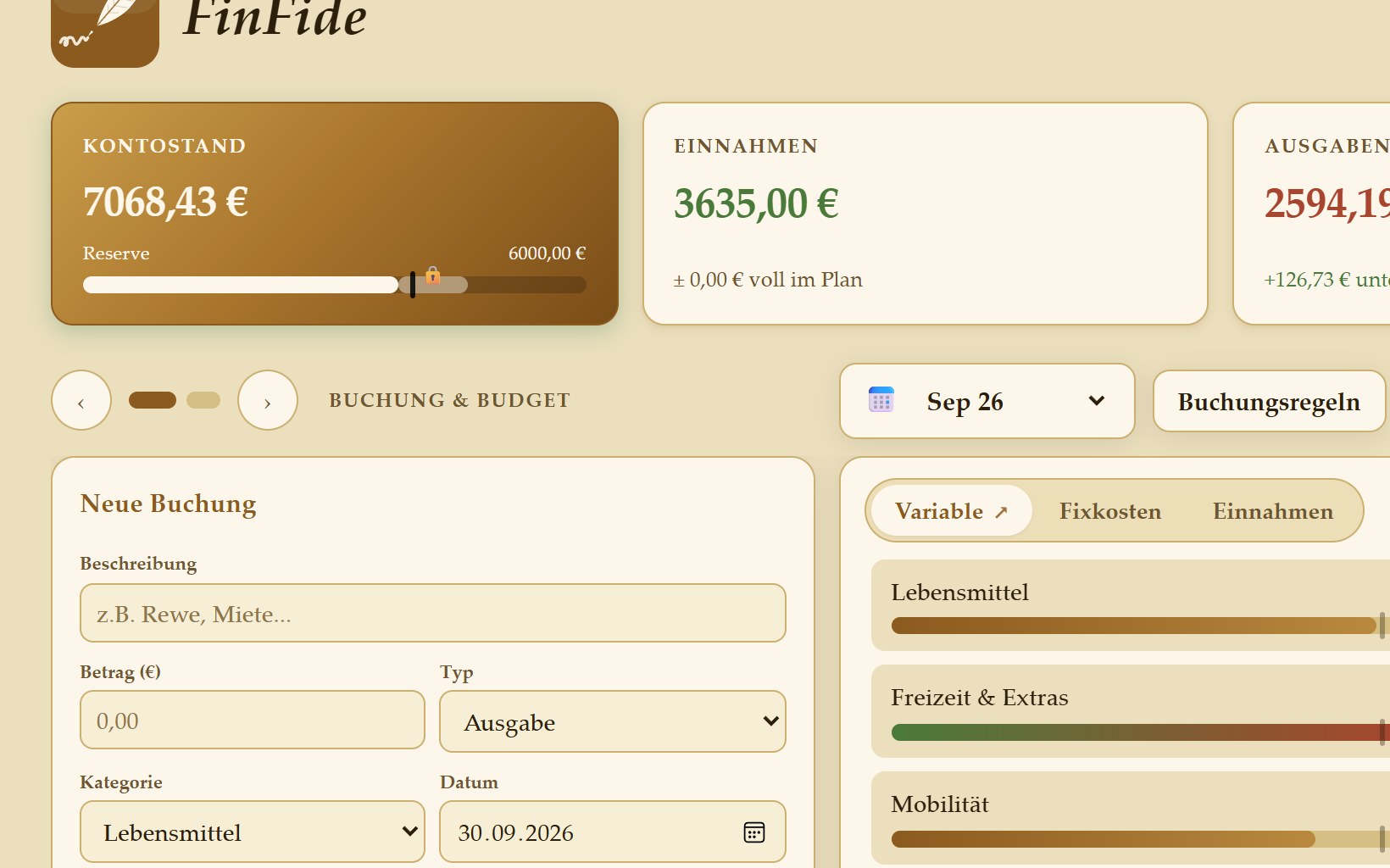 FinFide Haushaltsbuch: Kontostand, Einnahmen, Budget